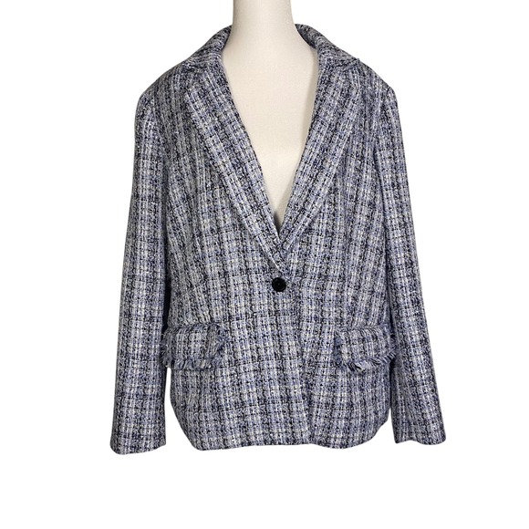 Anne Klein Tweed Blazer‎ Frayed Pockets Career Jacket Blue Black XL - Picture 1 of 6